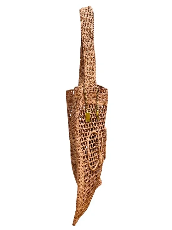 CHLOE SUMMERY BEIGE SUMMER BANANA LOGO RAFFIA CROCHET TOTE BAG - Picture 2 of 16